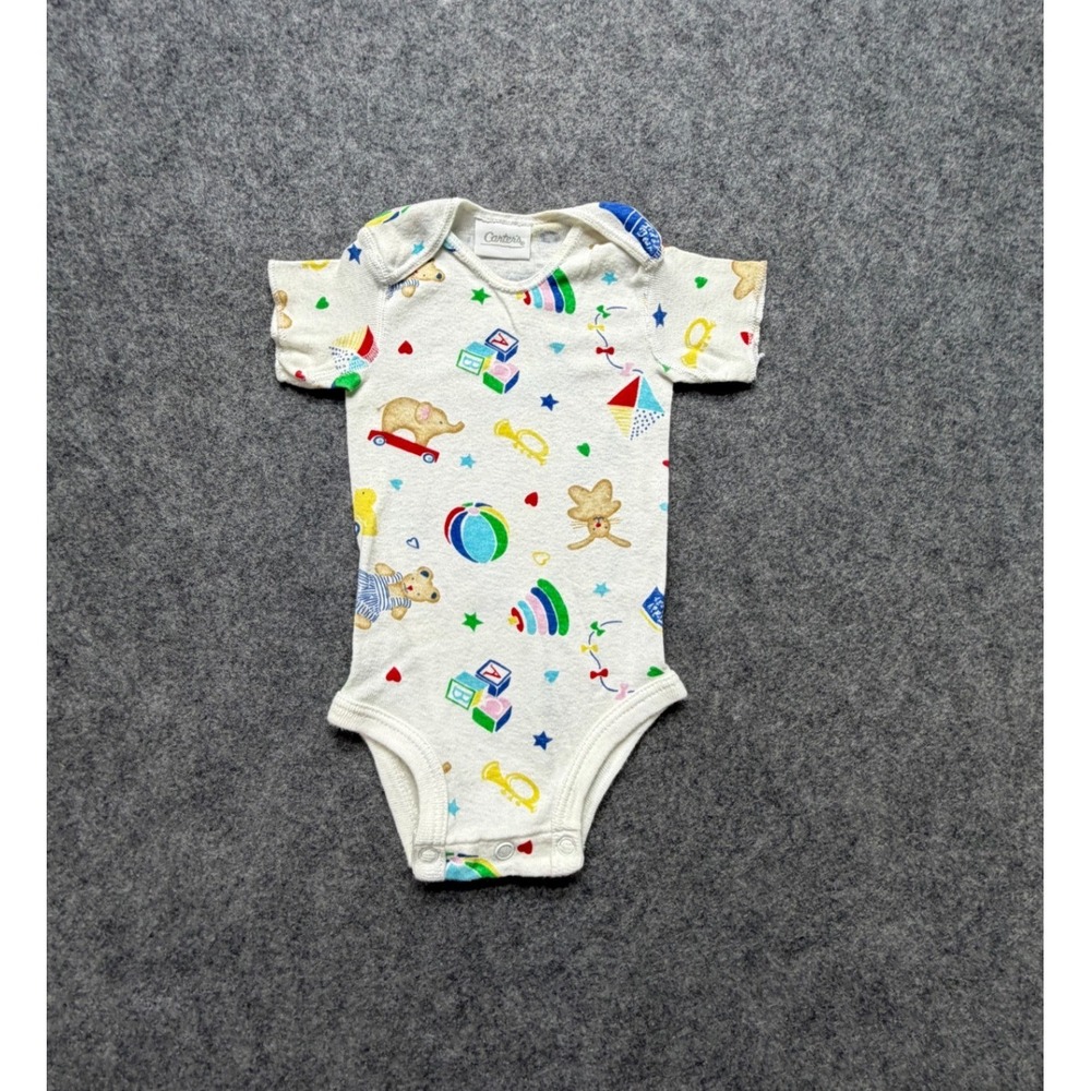 Vintage Carters Baby Bodysuit White Short Sleeve Toy Block Bear Print Size NB